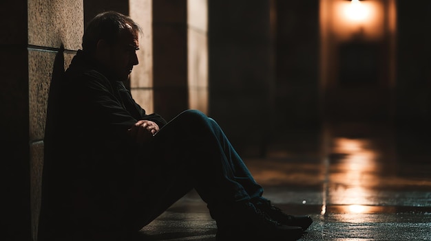 A man sits alone on a city street at night