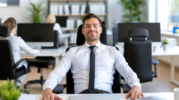 Photo a man sits back in his ergonomic chair smiling and relaxed while others work at desks in a bright and open office space filled with plants