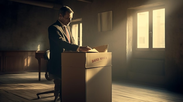 A man sits at a ballot box in an empty room with a sign that says'hand you'on it.