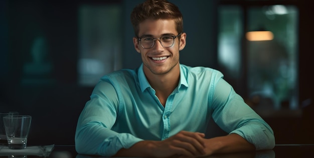 A man sits at a bar wearing glasses and smiling.