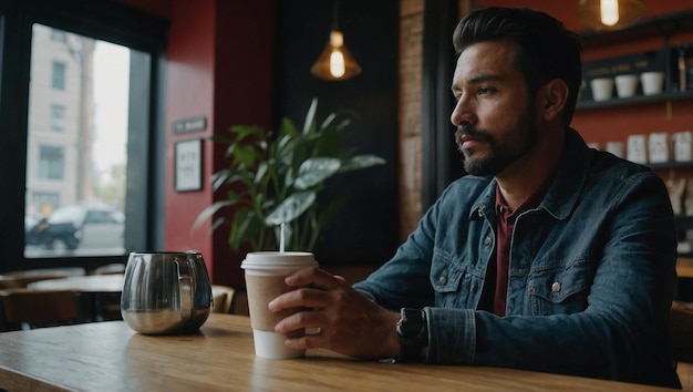 a man sits at a bar with a cup of coffee in his hand