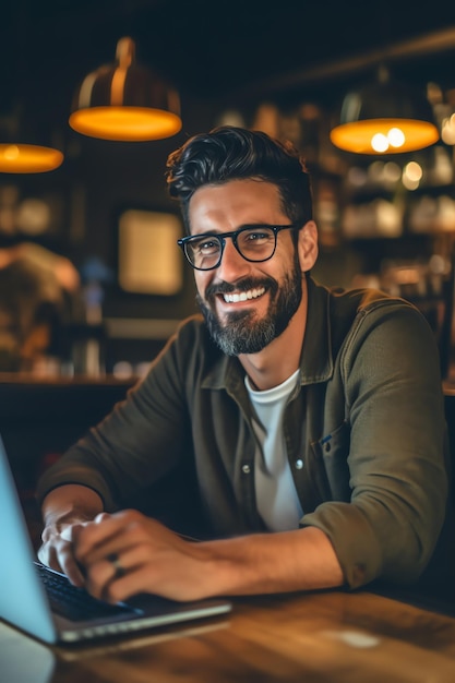 A man sits at a bar with a laptop in front of him.