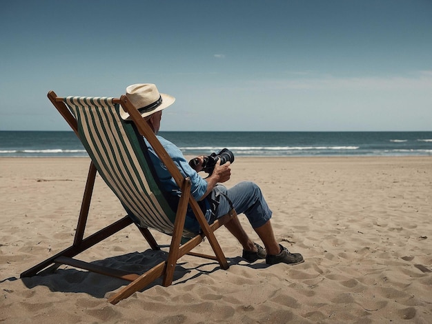 Photo a man sits in a beach chair and reads a book