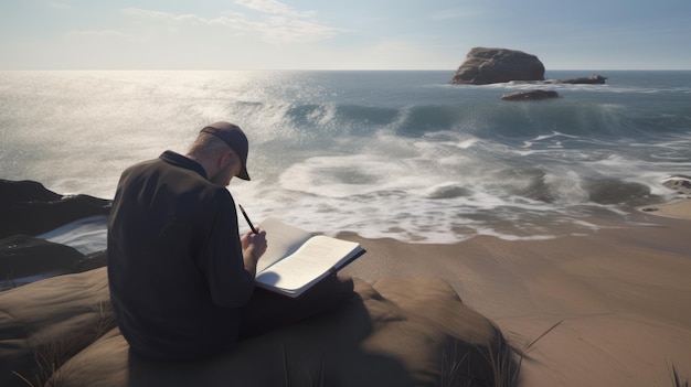 A man sits on a beach drawing a sketch of a wave.