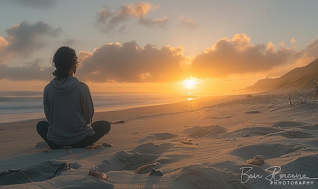 Photo a man sits on a beach watching the sunset