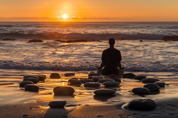 Photo a man sits on the beach with rocks in the water and the sun setting behind him