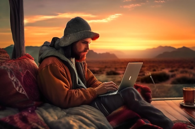 Photo a man sits in a bed with a laptop and a sunset in the background