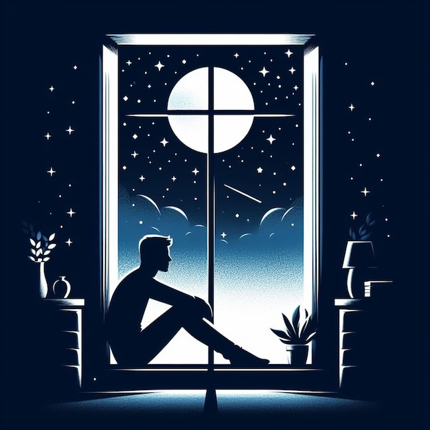 Photo a man sits in a bedroom with a window open looking out at the moon