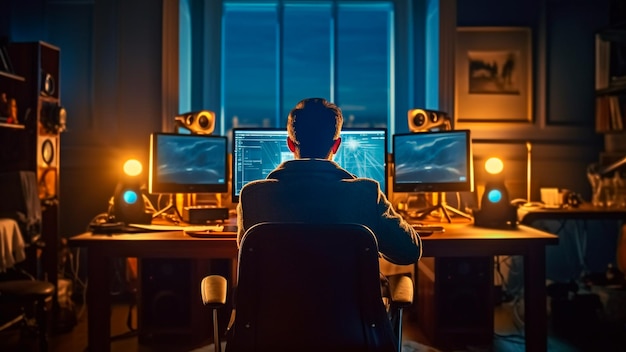 A man sits before his computer fully immersed in his tasks Generative AI