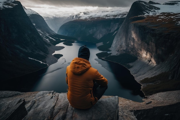 Man sits before the mountains Illustration AI Generative