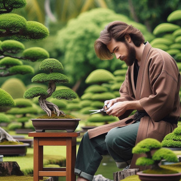 Photo a man sits on a bench in front of a bonsai tree