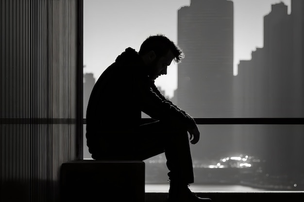 A man sits on a bench in front of a cityscape.