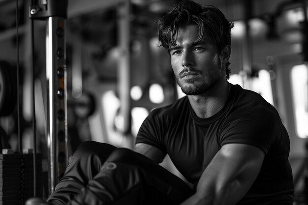 Photo a man sits on a bench in a gym with a sign that says quot no quot