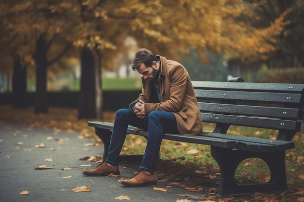 A man sits on a bench in a park, looking sad.