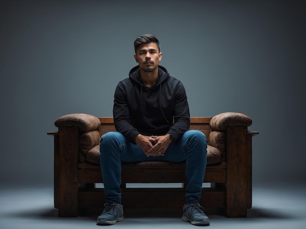 a man sits on a bench with a jacket that says  the word  on it