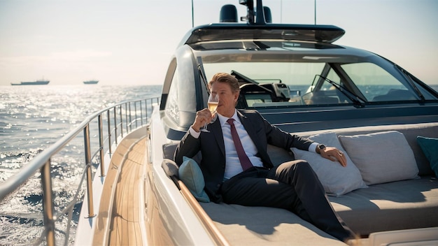 Photo a man sits on a boat with a glass of wine