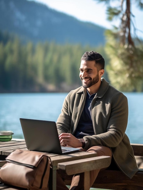 Photo a man sits in a boat with a laptop and a mountain in the background.