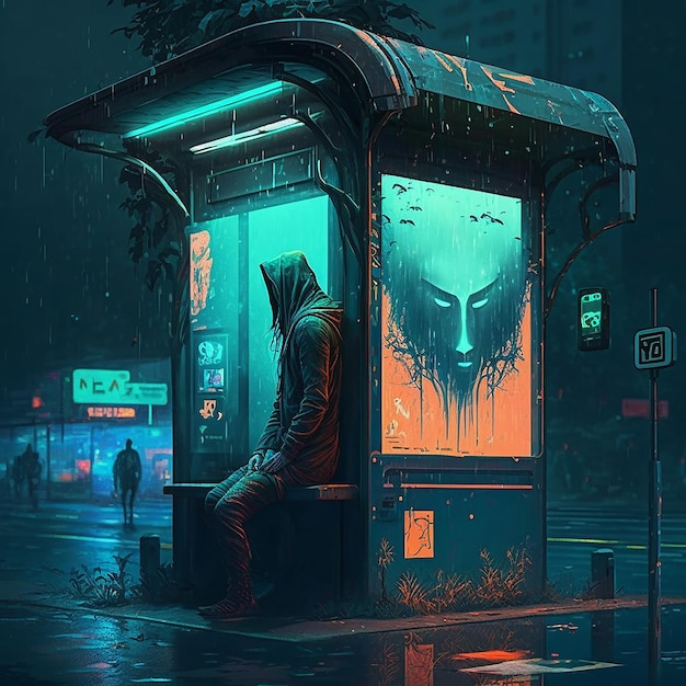 A man sits in a booth in the rain with a poster that says'the dark side '