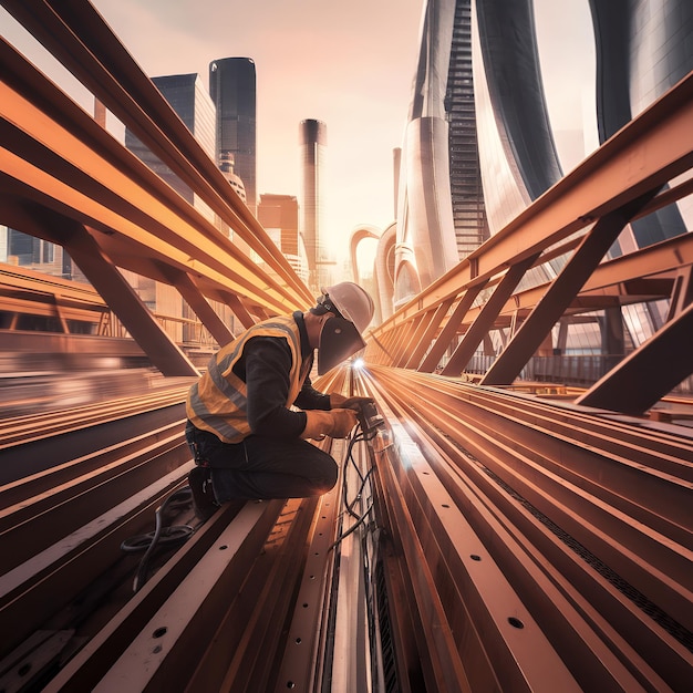 a man sits on a bridge with a bicycle in front of a city skyline