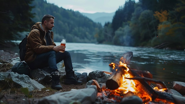 Photo a man sits by a campfire and drinks a drink by a river