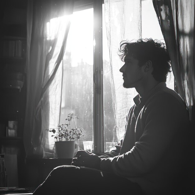 A man sits by a window looking out at the sunlight streaming through the curtains He appears to be lost in thought