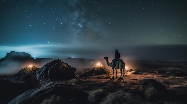 A man sits on a camel in front of a campfire and the stars are visible.