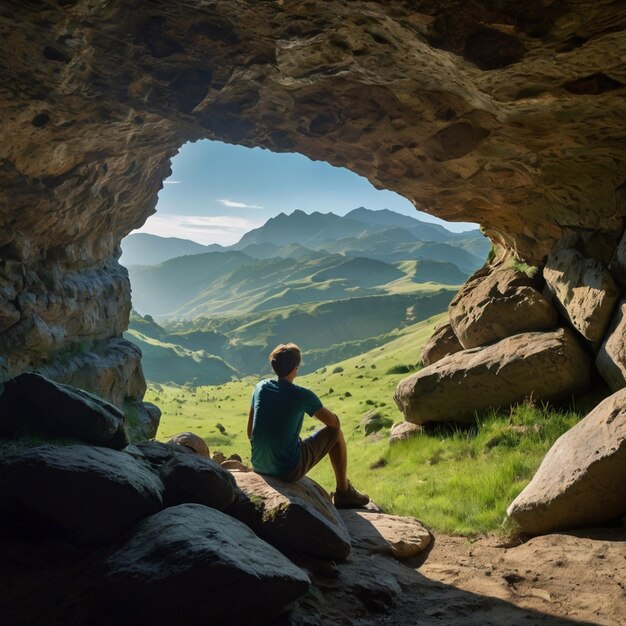 a man sits in a cave looking out into a valley