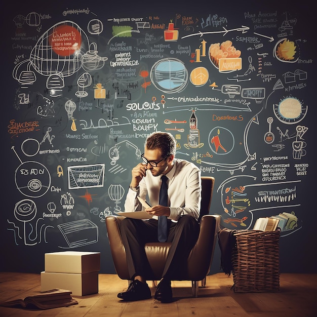 Photo a man sits in a chair in front of a blackboard with a man talking on his phone