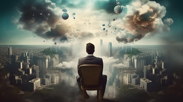 A man sits on a chair in front of a cityscape with the words'the sky is visible '