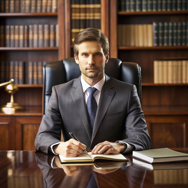 Photo a man sits in a chair in front of a desk with books