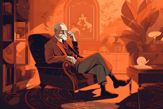 A man sits in a chair in front of a plant.