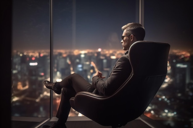 A man sits on a chair in front of a window with a city view in the background