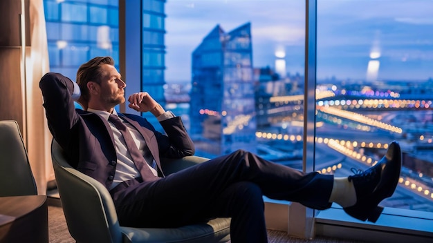 a man sits in a chair in front of a window with a view of the city skyline