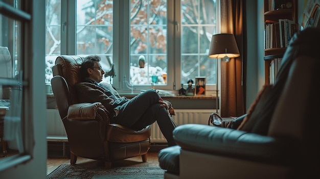 Photo a man sits in a chair in a living room with a lamp on the wall