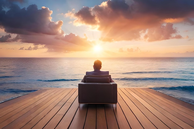 A man sits in a chair on a pier looking at the sunset.