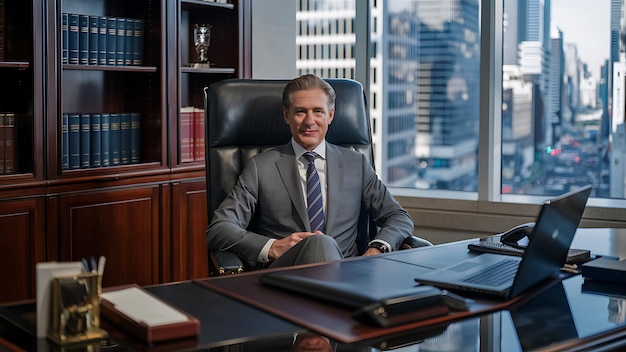 A man sits in a chair in a room with a desk and a window behind him