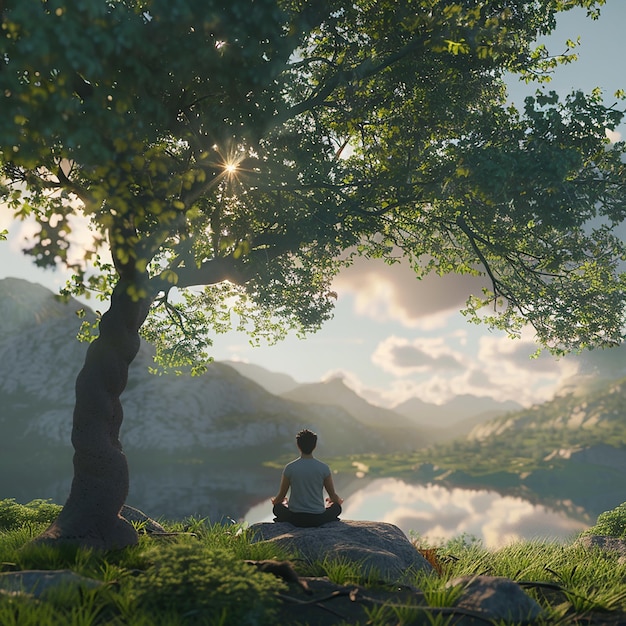 a man sits in a chair under a tree with the sun shining through the trees