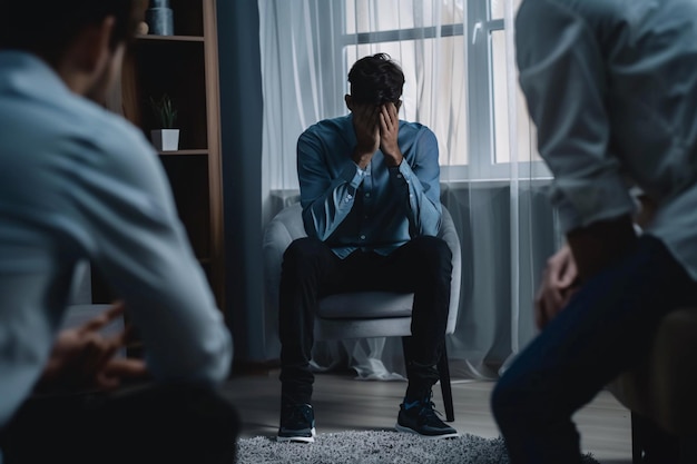 a man sits in a chair with his hands on his face