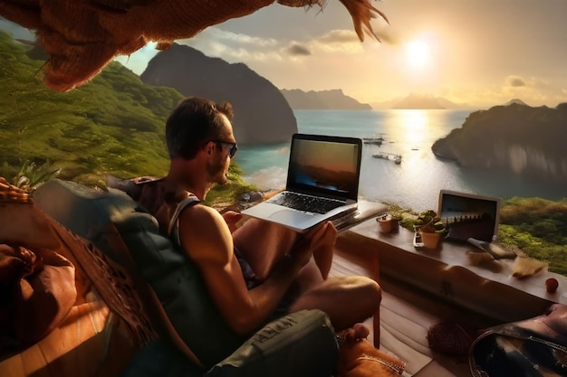 Photo a man sits in a chair with a laptop and a sunset on the background