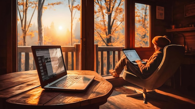 Photo a man sits in a chair with a laptop and a sunset in the background