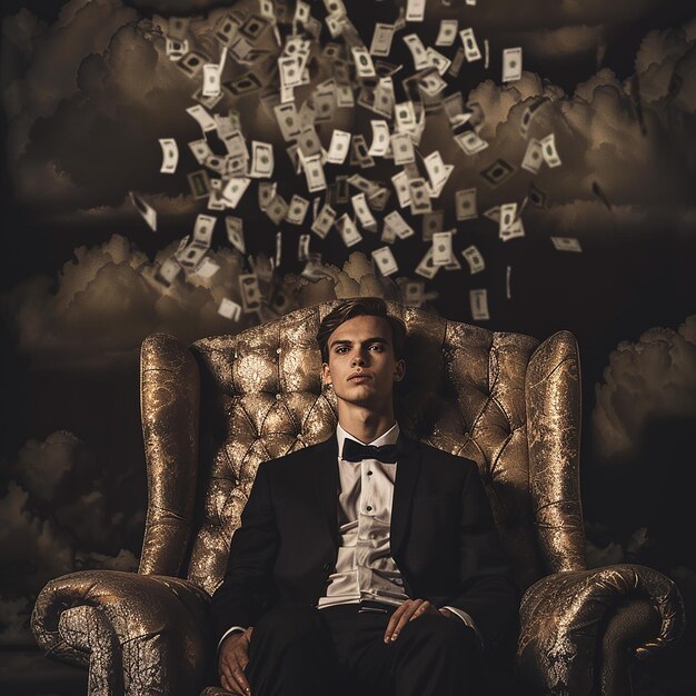 Photo a man sits in a chair with money falling from the sky