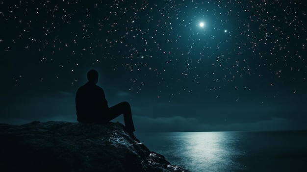 a man sits on a cliff looking at the moon