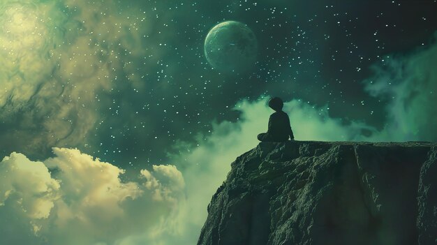 Photo a man sits on a cliff and looks at the stars