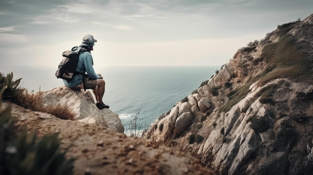 A man sits on a cliff overlooking the ocean and looks out to sea