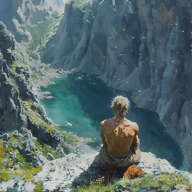 a man sits on a cliff overlooking a river