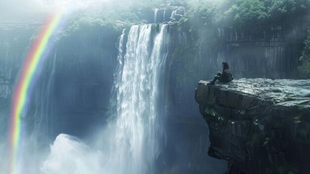 Photo a man sits on a cliff overlooking a waterfall