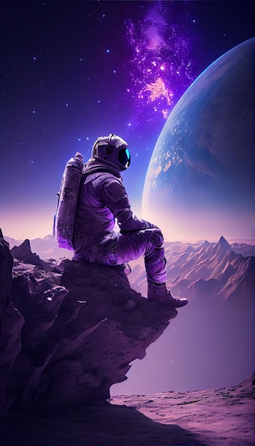 A man sits on a cliff in a space suit looking at the planet earth.