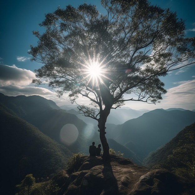 A man sits on a cliff with the sun shining on his face.