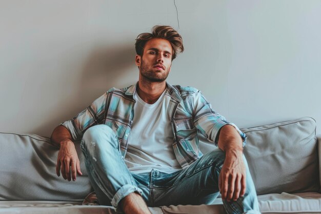 Photo a man sits comfortably on a couch wearing a plaid shirt and jeans men with a relaxed posture radiating a laidback vibe