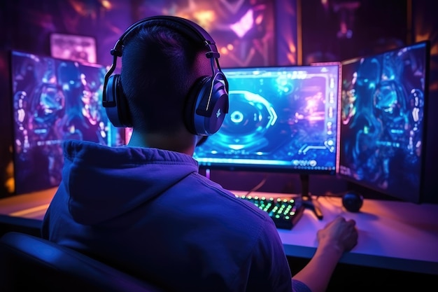 A man sits at a computer desk and plays games on a laptop